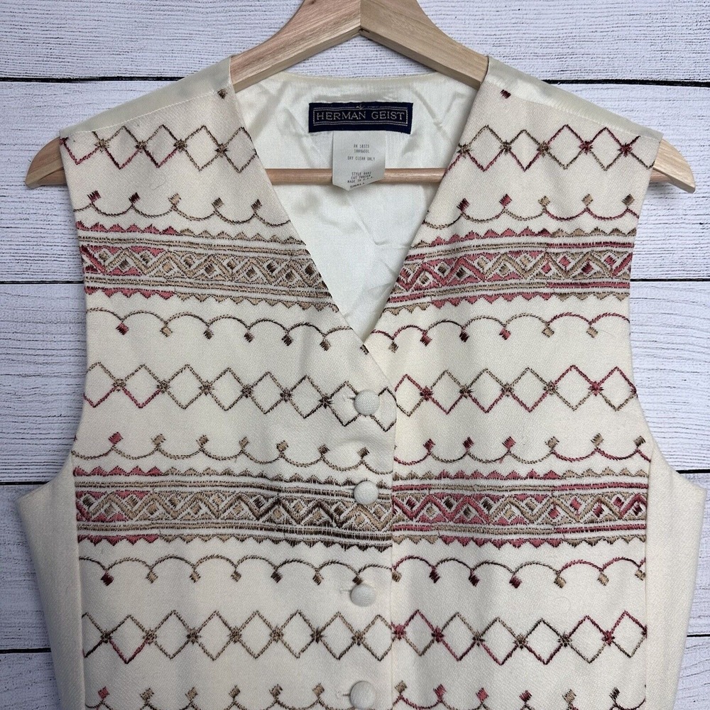 Herman Geist Vtg Vest 100% Wool Mens Size‎ Small Beige Embroidered Formal Dressy